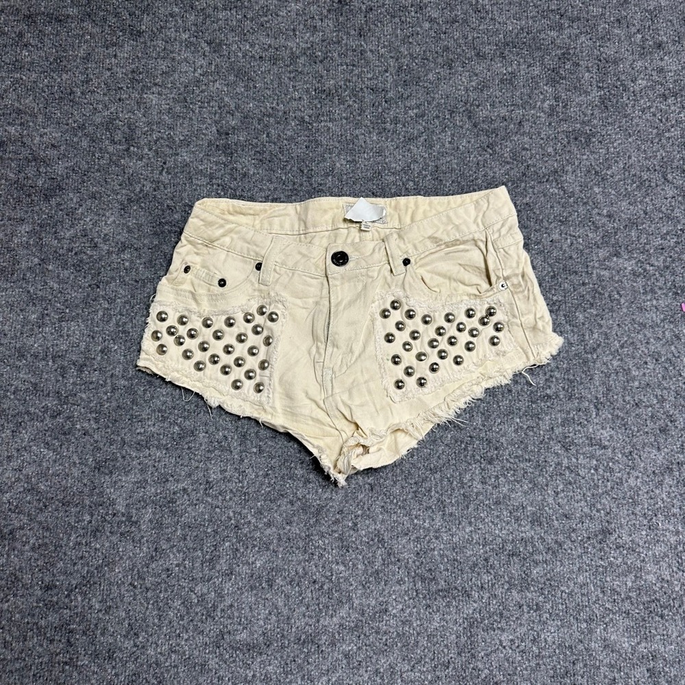 Chille Shorts Womens Size L Ivory Studded Cotton Raw Hem Low Rise Festival Stain